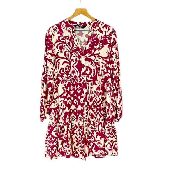 Zara Printed V-Neck Long Sleeve Ruffle Dress Size Small - Picture 1 of 13